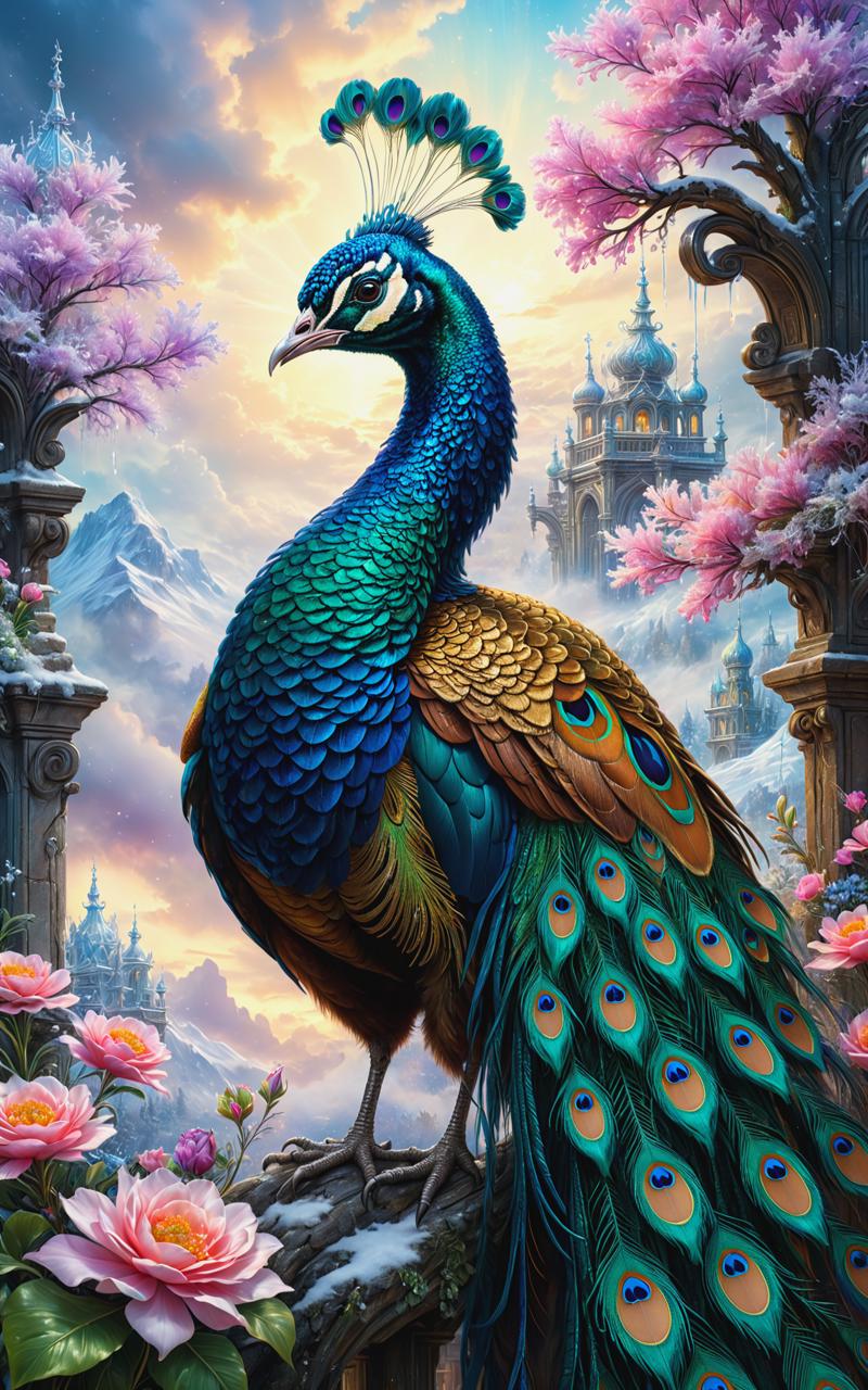 10408-465296767-olpntng style, 3d, hyperdetailed and intricated fantasy peacock, hoarfrost plumage, hyperdetailed surreal background with flower.png